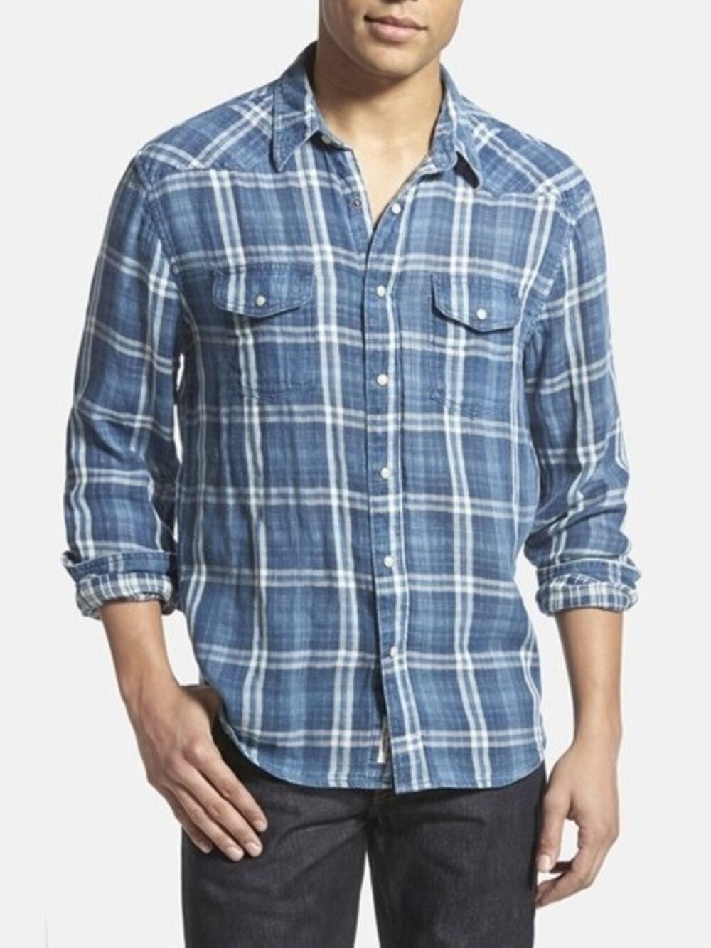 2/$30 Lucky Brand Classic Fit Plaid Western Shirt Sea Indigo Medium #A4426